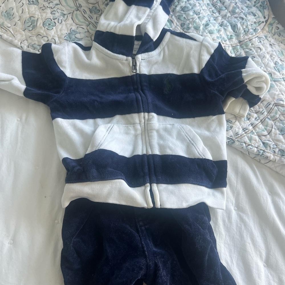 Ralph Lauren Navy and White Striped Hoodie-velour- baby 6m